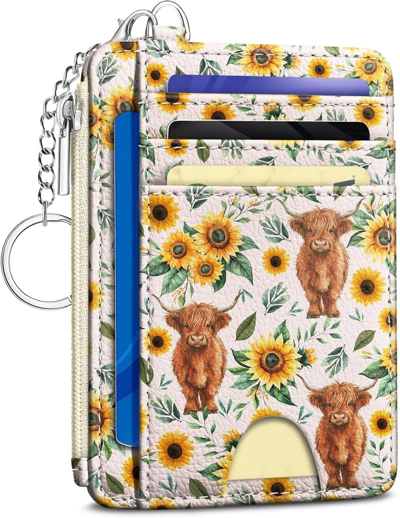 Kelvoris Highland Cow Sunflower Credit Card Holder Small Wallet Women, Slim RFID Blocking Wallet Woman Keychain with Zipper Coin Pocket, Front Pocket Thin Travel Card Case with ID Window Ladies Gifts - Image 1